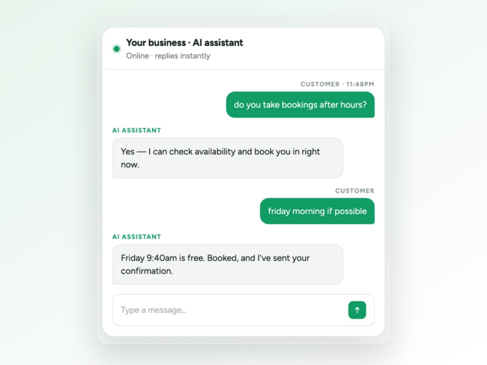 The LYVTech AI assistant answering a visitor's question in a chat window