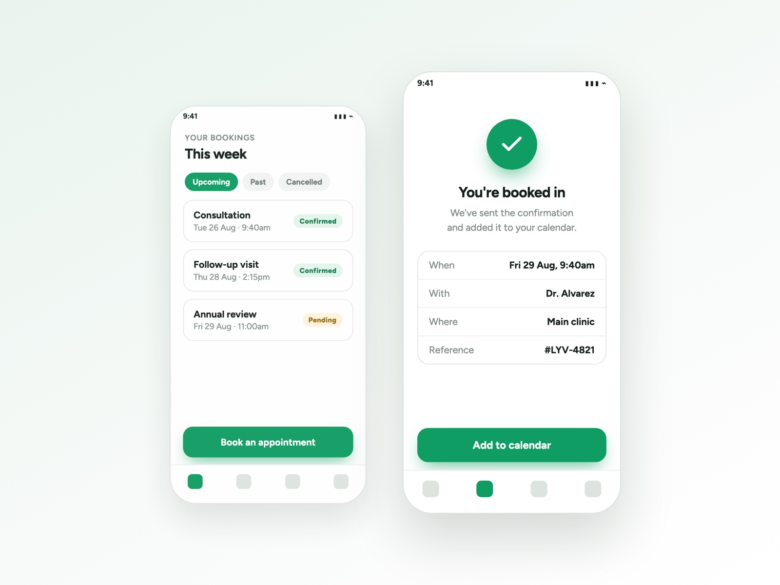 A booking app showing upcoming appointments and a confirmed booking